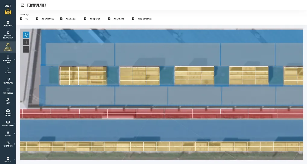 smartTOS-Dashboard: visuelle Terminalübersicht mit Lager-, Gleis- und Verladebereichen
