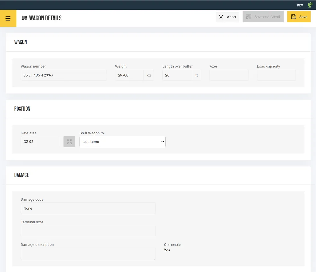 smartTOS-Maske: Waggondetails mit Position und Schadenserfassung